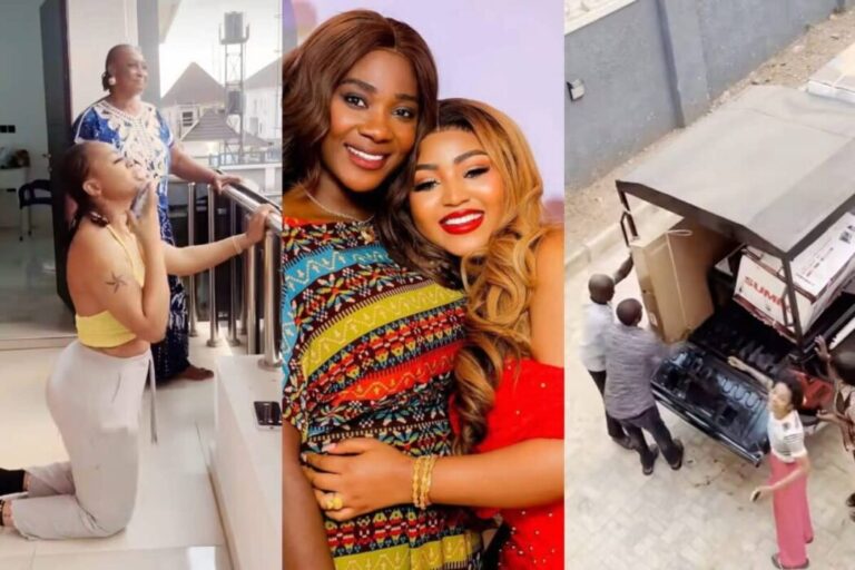 ‎Regina Daniels Is Thrilled As Mercy Johnson Surprises Her With A Brand New TV For New Home In Abuja 